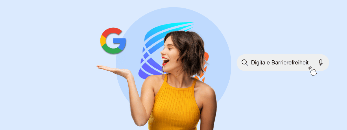 A smiling young woman holding the Google 'G' logo on her open palm, below a Google search bar containing the text "Digitale Barrierefreiheit" and a mouse cursor clicking on it.